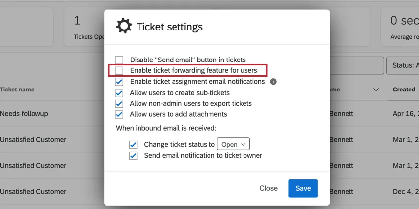 Activer la fonction de transfert de tickets pour les utilisateurs