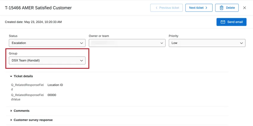 In a ticket, dropdown for ticket group