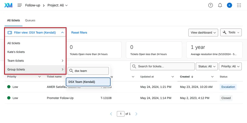 Ticket group dropdown upper-left of follow up page