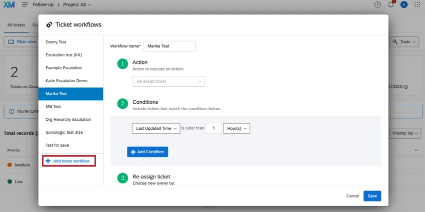 Bouton de création dun flux de travail pour un ticket