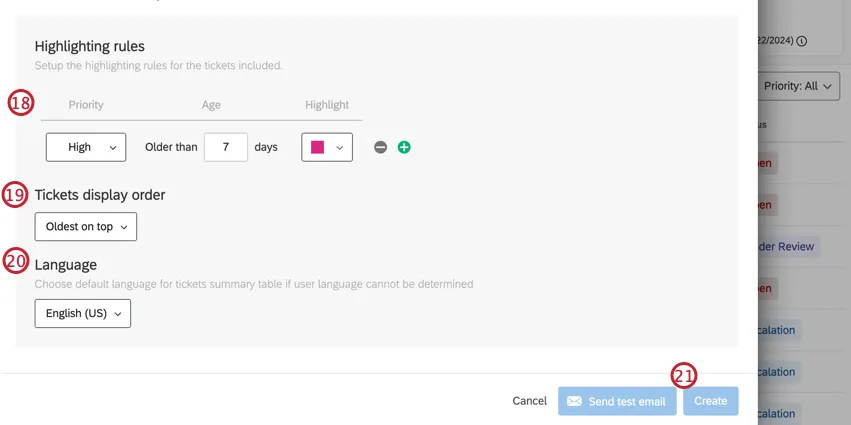 Surligner les options, puis loption de création de ticket