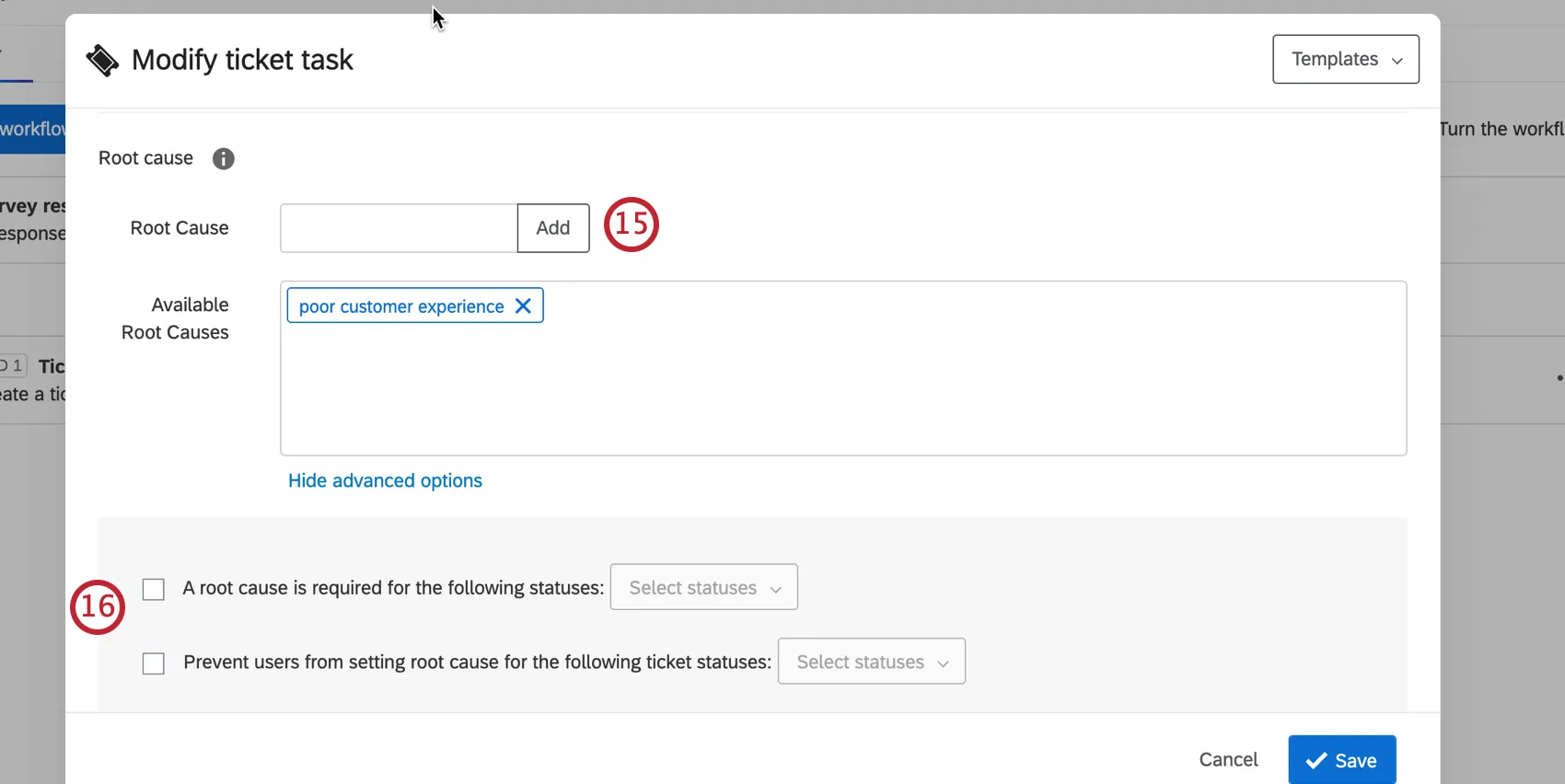 Root causes section of the ticket task