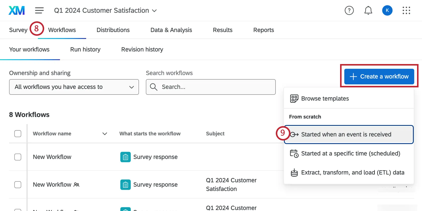 clicking create new event based workflow