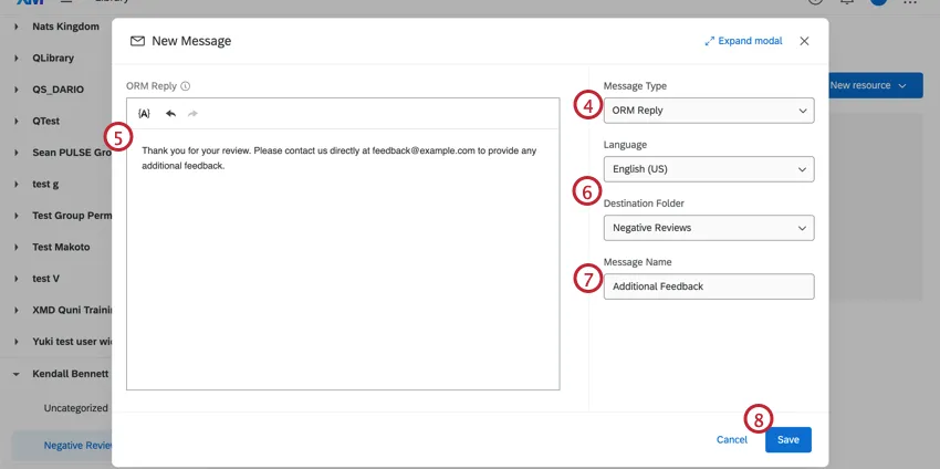 Configuración de las propiedades de un nuevo mensaje de tipo Respuesta ORM