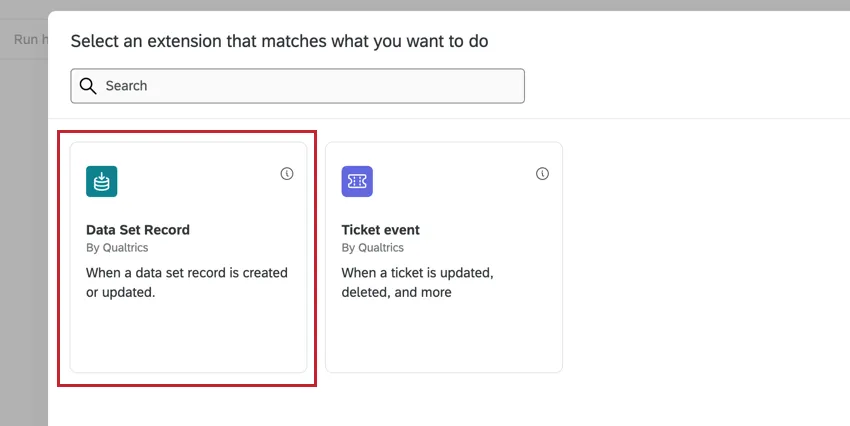 O evento tarefa registro do conjunto de dados no menu de seleção de evento