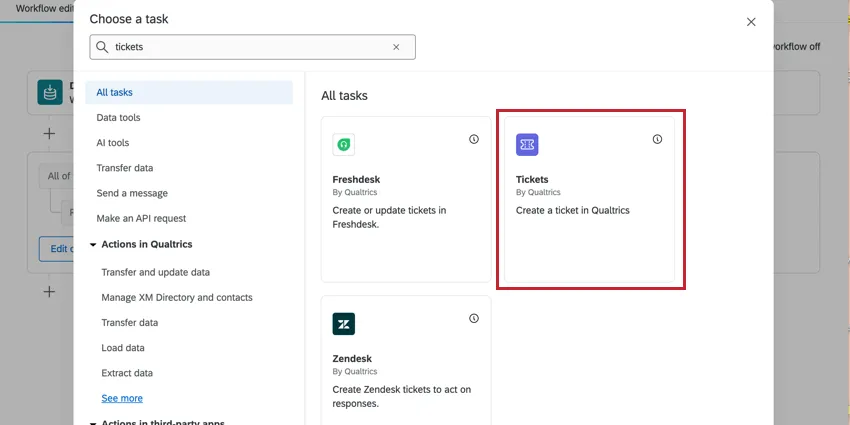 La tarea de tickets del menú de selección de tarea