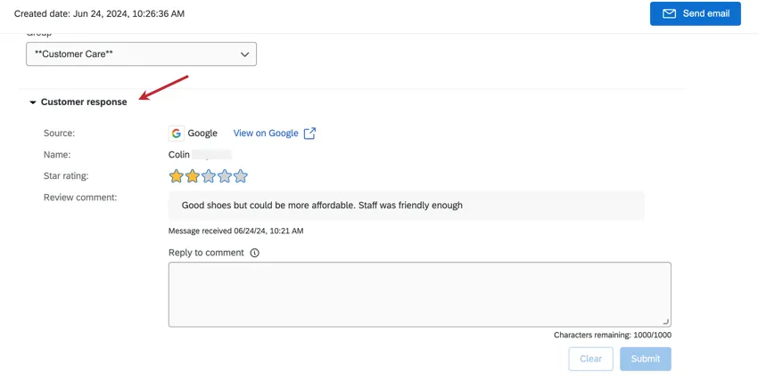 Arrow pointing to the customer response section of a ticket