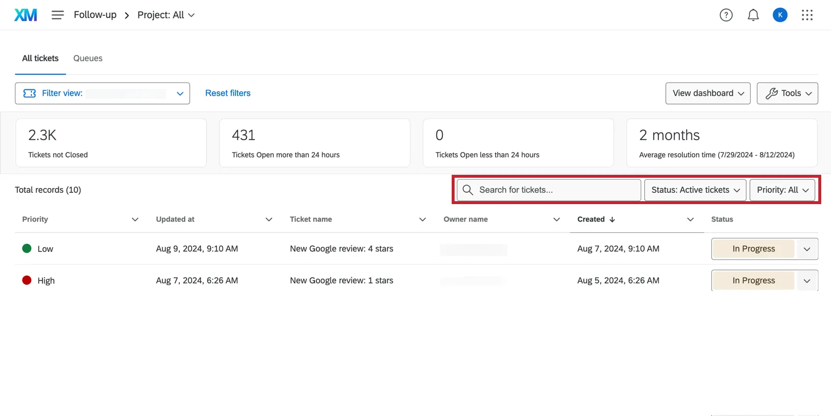 Search tickets with dropdowns