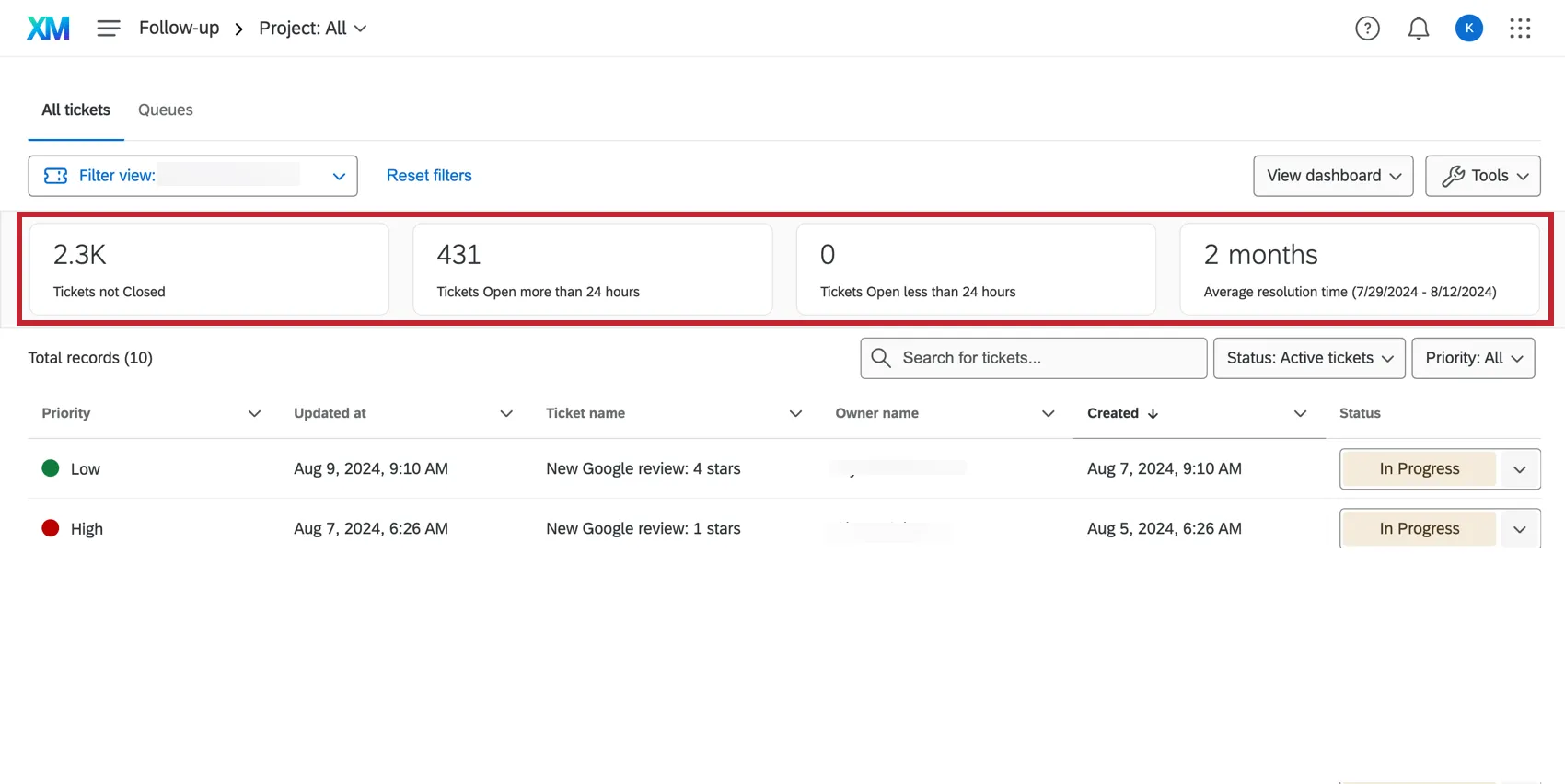 ticketing bar at the top of the Projects page