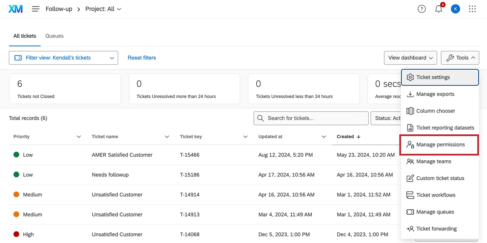Ticket follow-up page, tools menu expanded on right