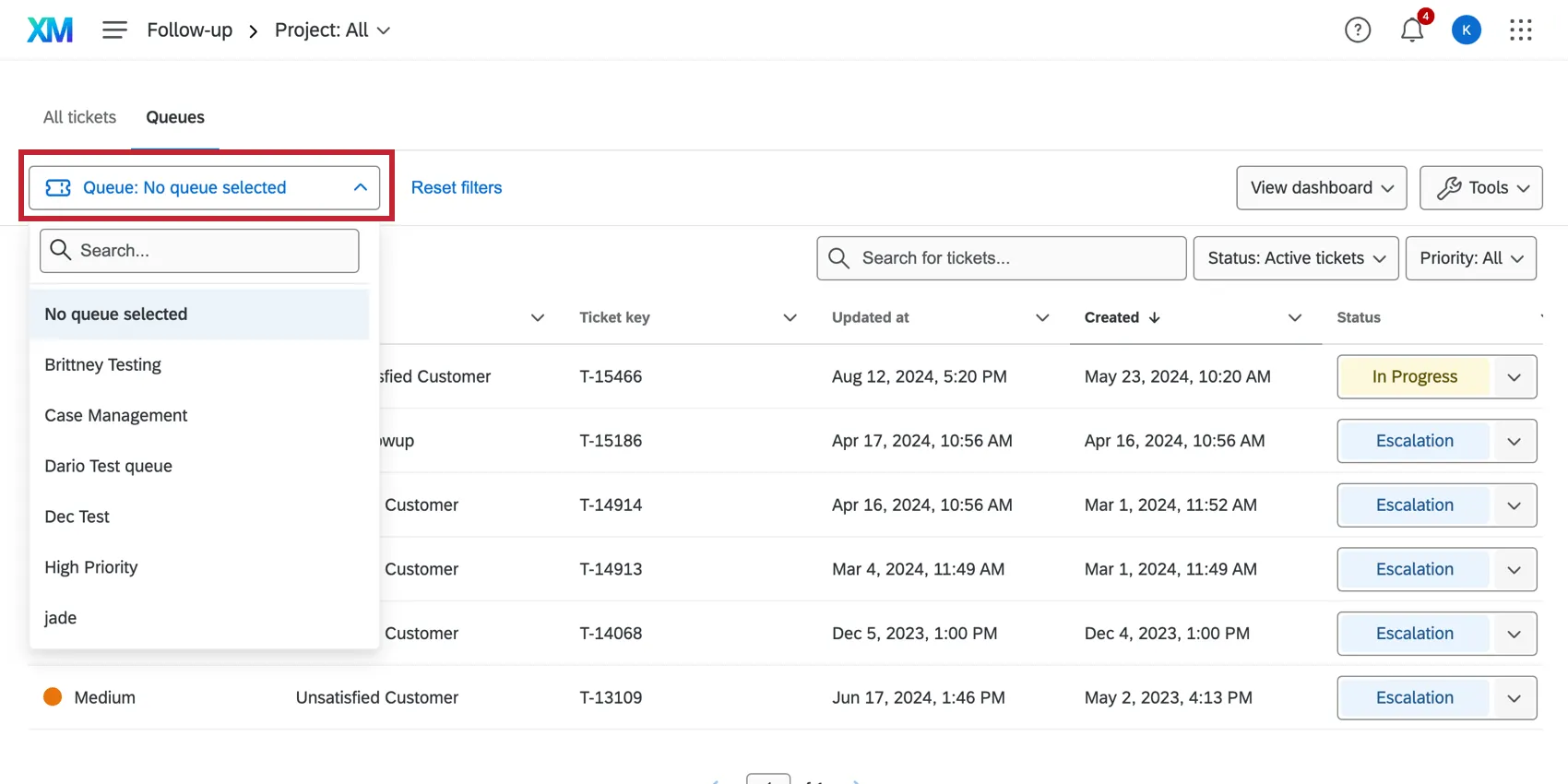 チケットキュードロップダウンに、以前作成したチケットキューをクリックして新しいチケットキューを作成するオプションを追加。