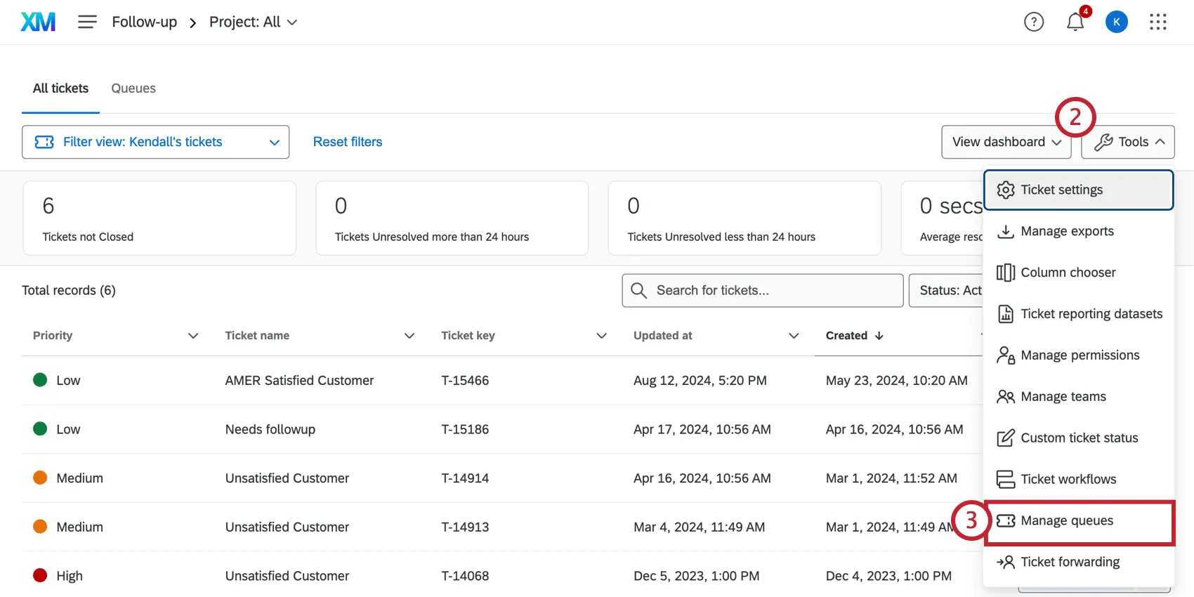 Manage Queues under the far-right Tools dropdown