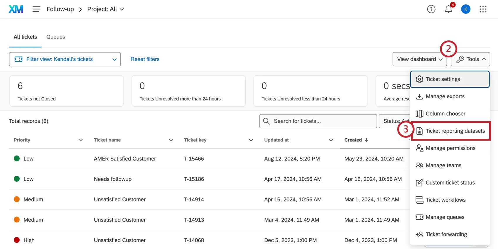 Once on ticketing page, open the Tools menu. Ticket reporting datasets is the fourth option