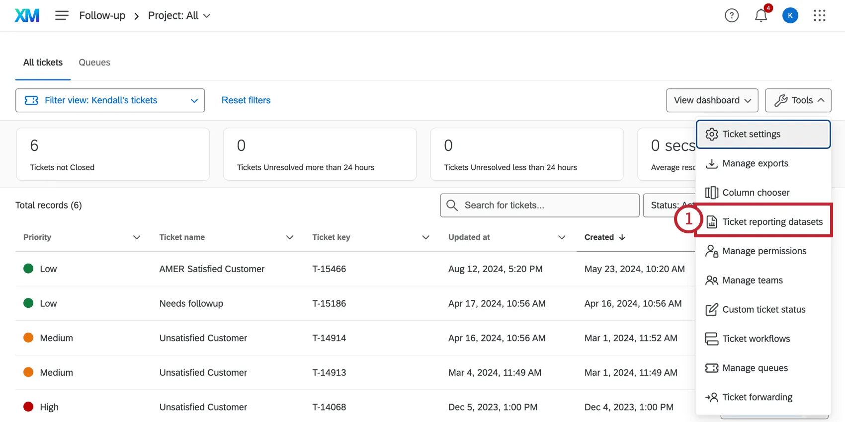 Inside ticketing page. Tools menu opened and ticket reporting datasets option highlighted