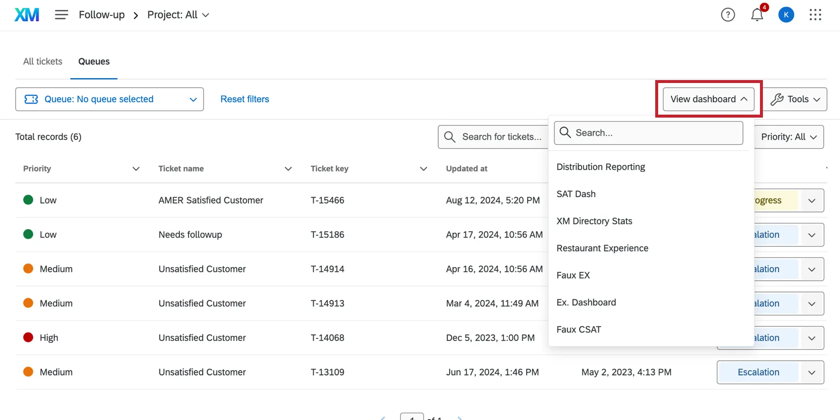 Dashboard dropdown top of ticketing page