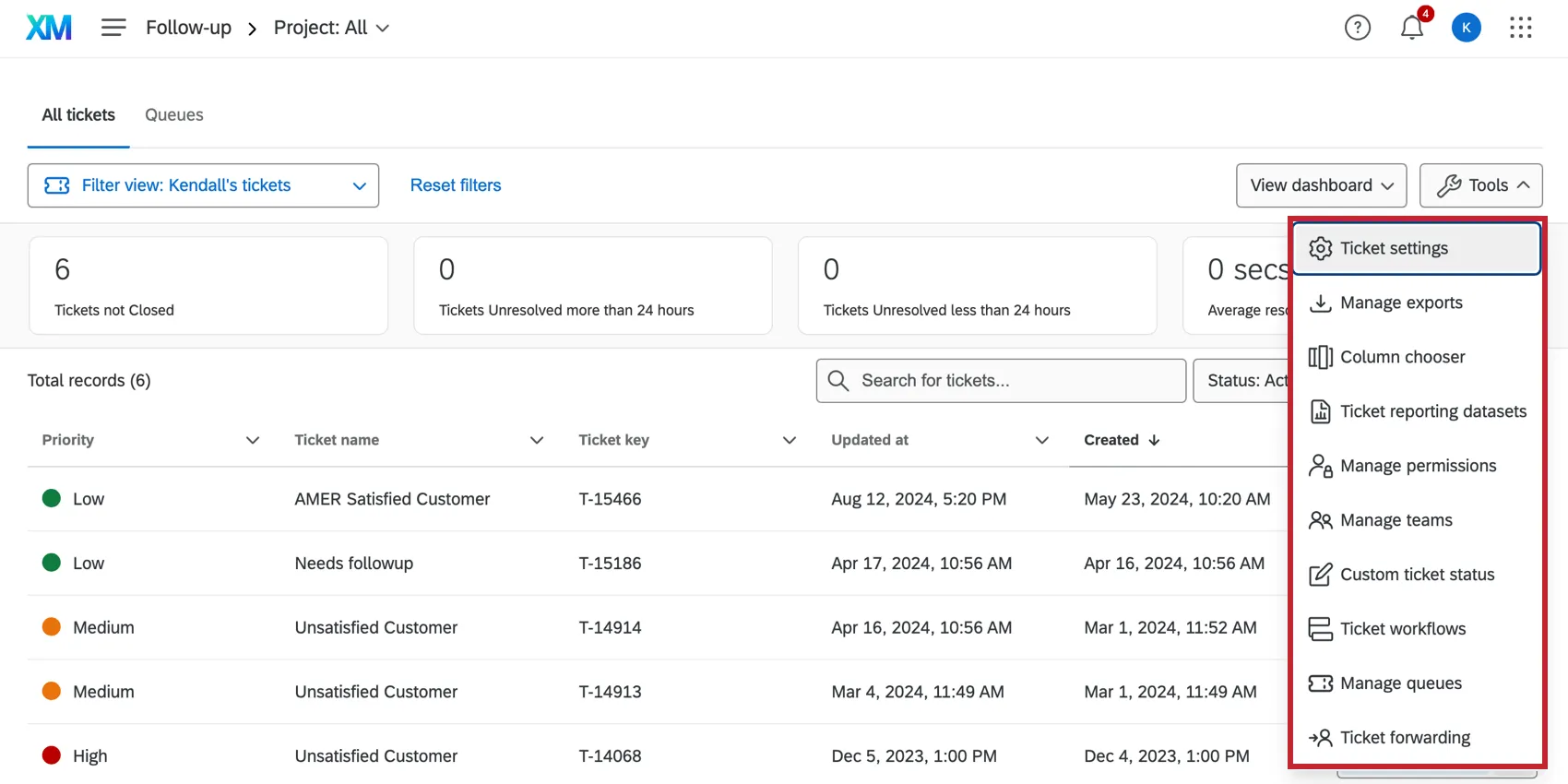 On the follow up page, the tools menu is expanded