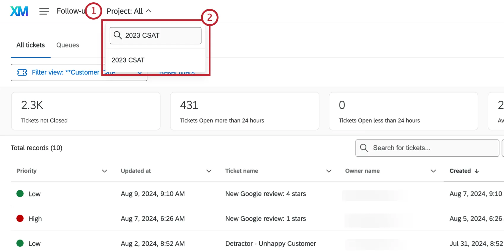 Project dropdown to filter the follow-up page