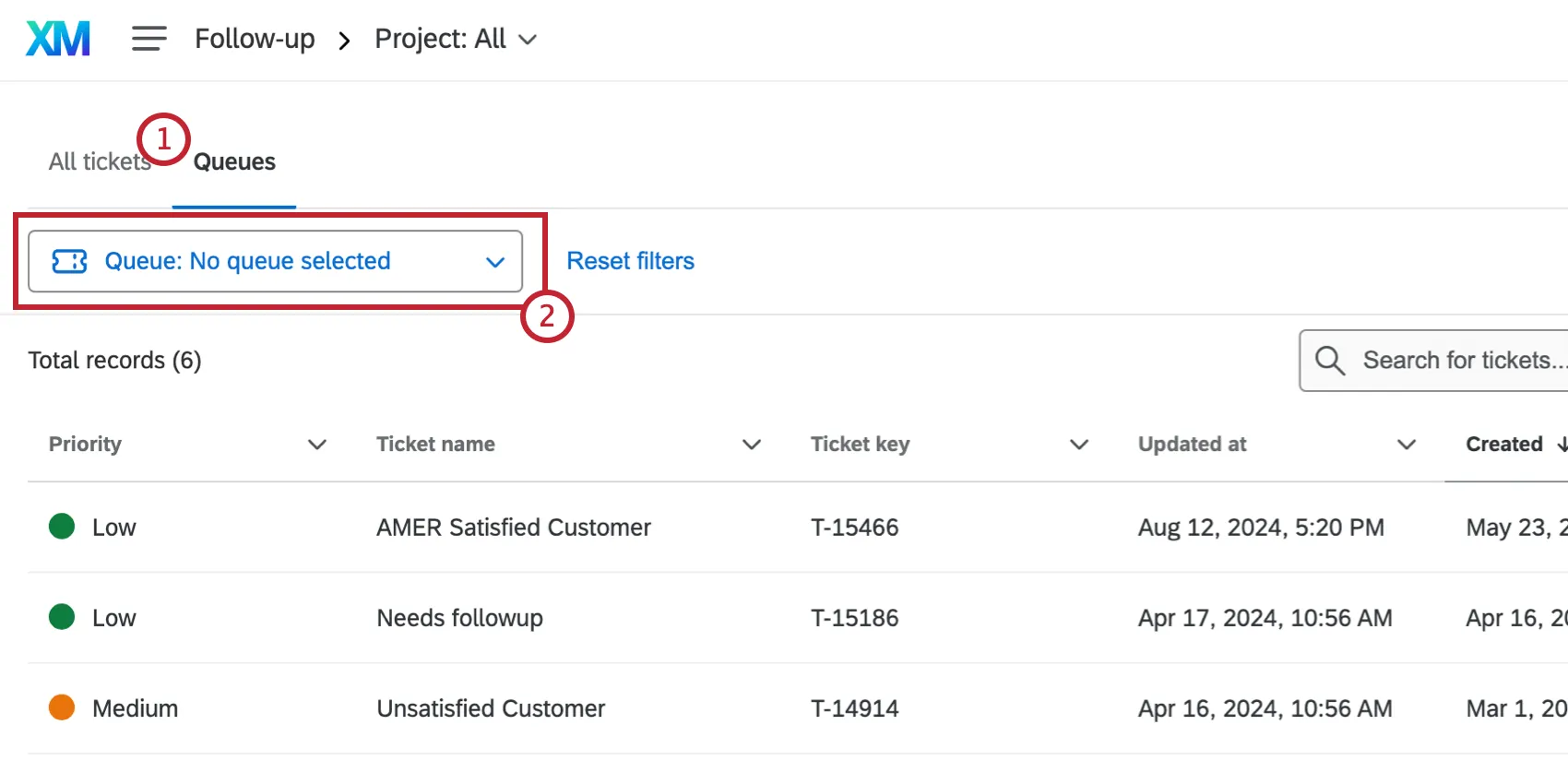 Queues tab with the queue dropdown menu