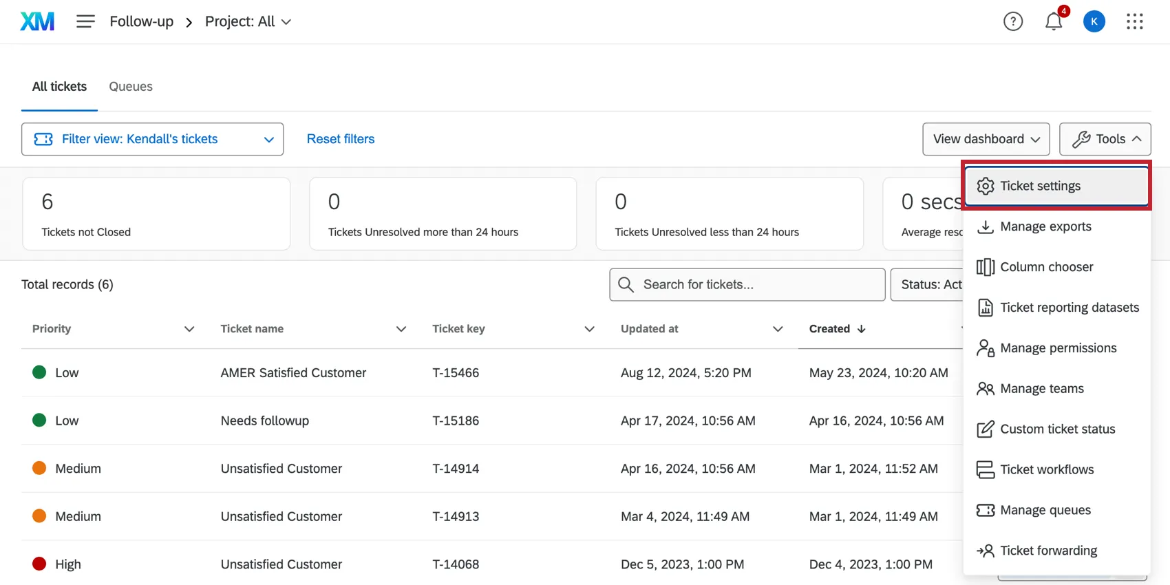 Tools dropdown with the ticket settings highlighted