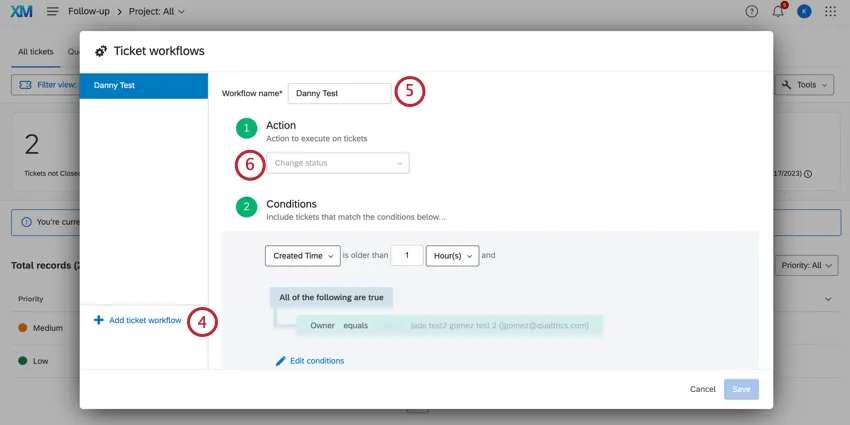 Add workflow button on the left, workflow name and action dropdown