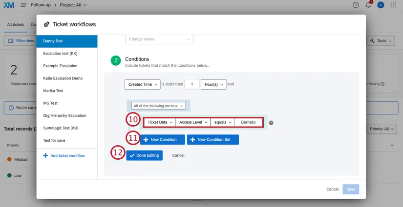 Setting conditions now that the action is selected