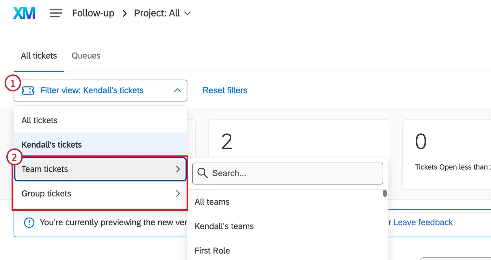 Filtro tickets por equipos y grupos