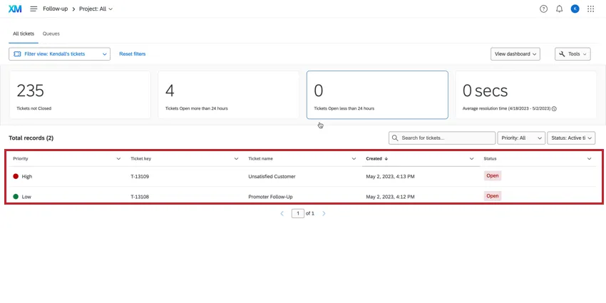 Open tickets in the follow-up page