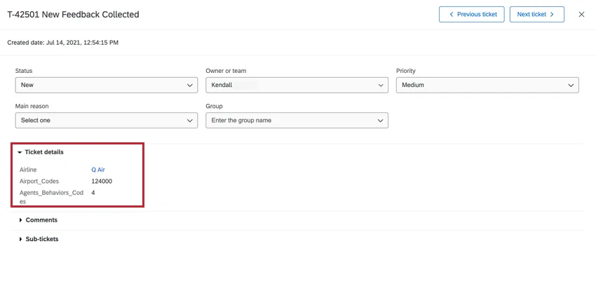 Ticket details in an open ticket