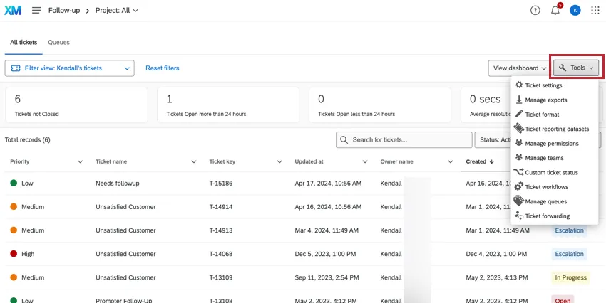 Ticket tools drop-down menu