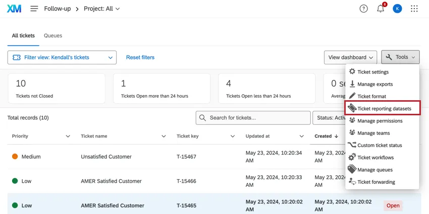 Ticket reprting datasets highlighted in the tools dropdown