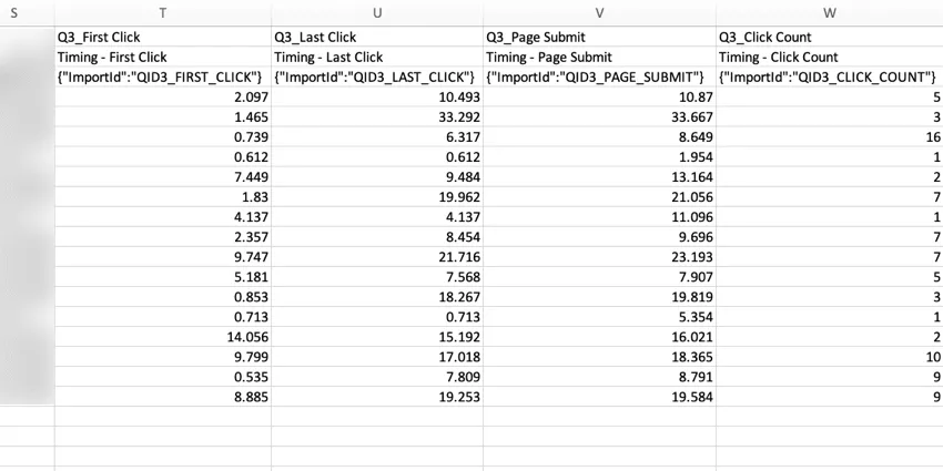 imagen de los datos de una pregunta de temporizador cuando se exportan a formato CSV