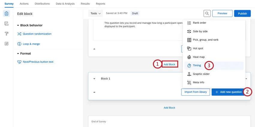 creating a new block and adding a timing question