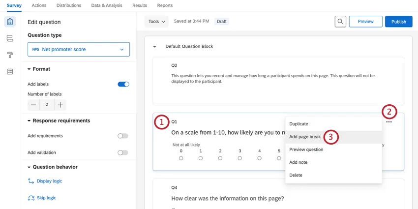 adding a page break in the survey editor