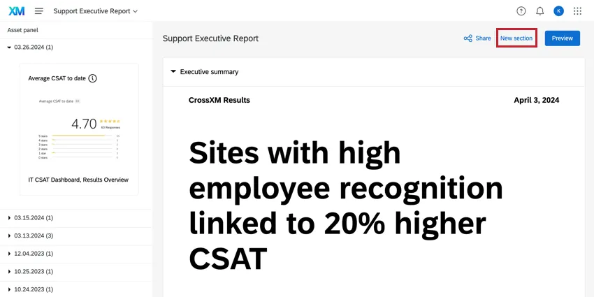 Botón de nueva sección resaltado