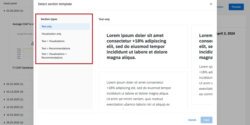 Section types menu highlighted