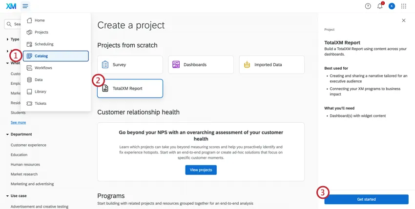 Rapports XM du catalogue de projets