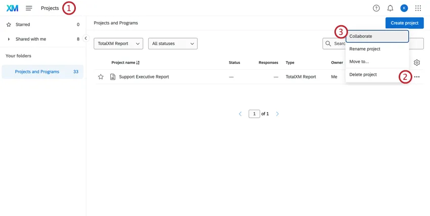 Pagina Progetti, menu a tre punti evidenziato a destra di un progetto, opzione Collaborare evidenziata