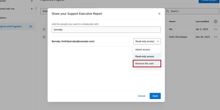 Remove user option in collaboration dropdowns