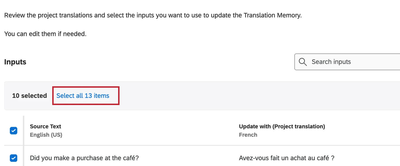 Option to select all items that pops up in above the translation memory table