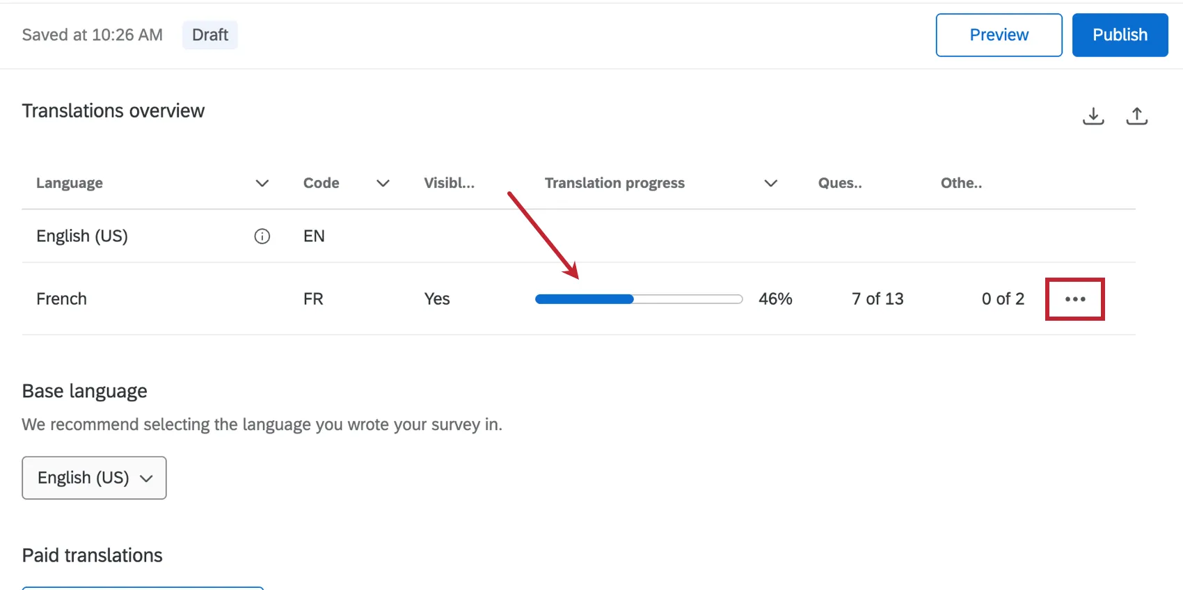 barre de progression de la traduction et menu à 3 points contenant loption dédition des traductions