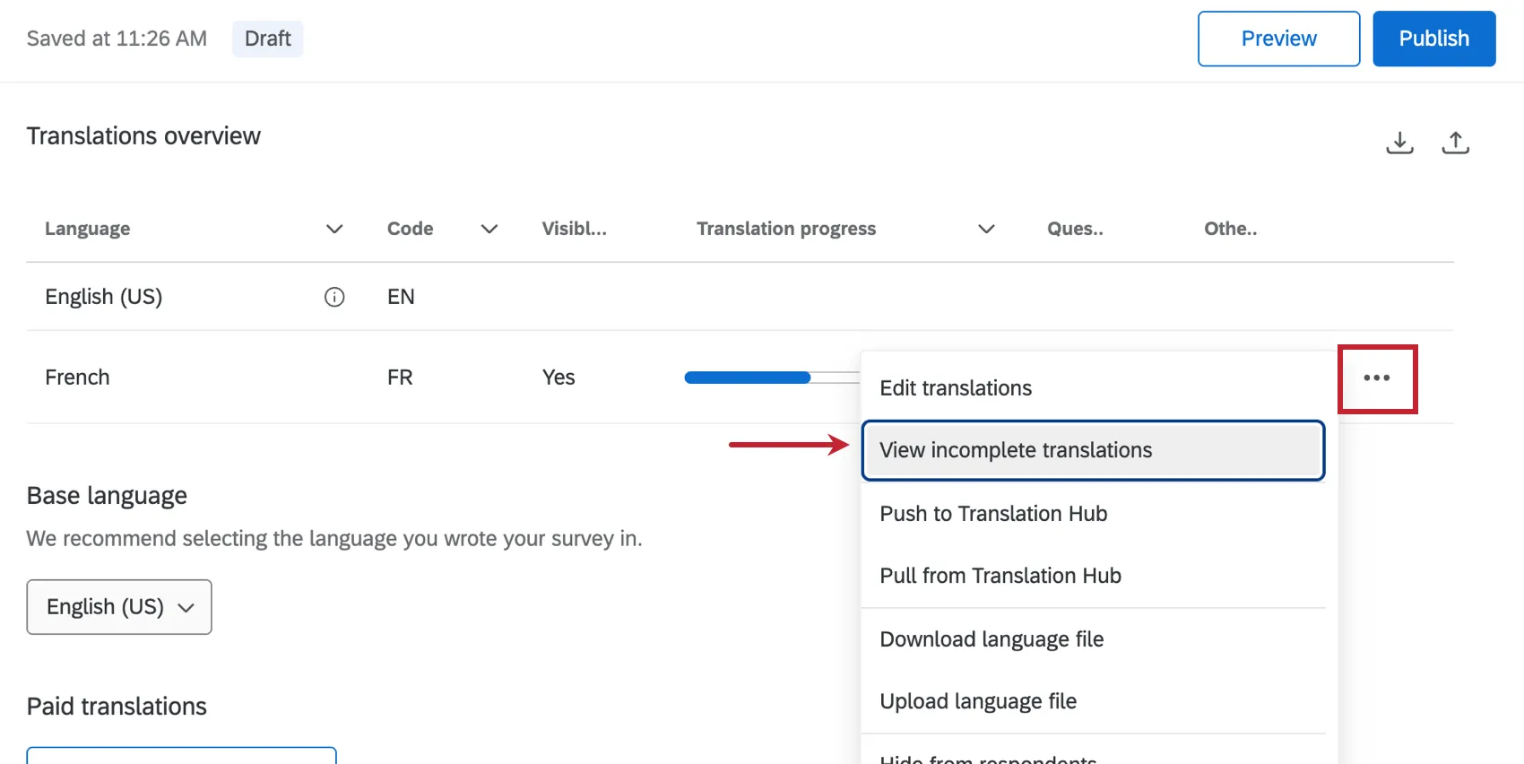 menu 3 points avec loption traductions incomplètes sélectionnée