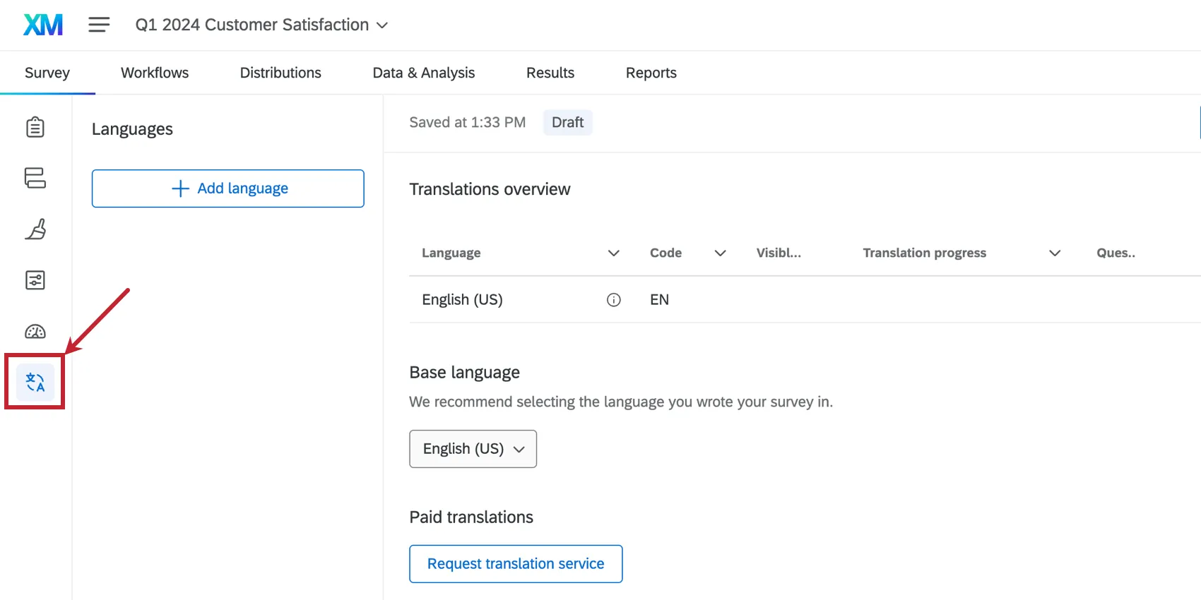 En las opciones de la encuesta, en la parte inferior izquierda, Traducciones es lo último que aparece.