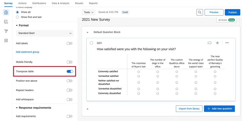 a opção de tabela de transposição em uma tabela matriz