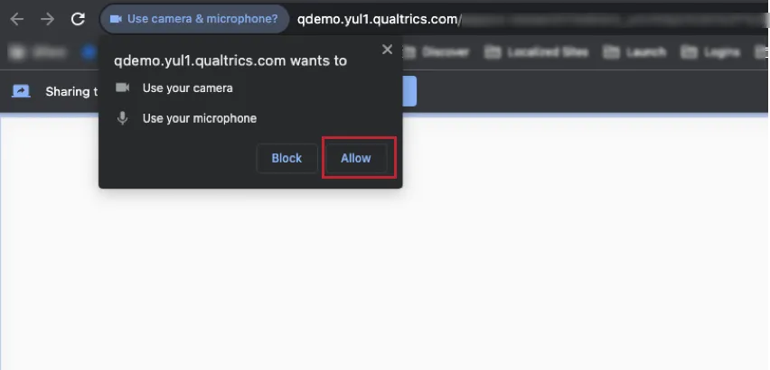 Fare clic su Consenti dal pop-up del browser per dare lautorizzazione alla registrazione