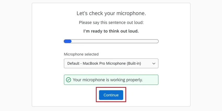 Clique em continuar depois de verificar o microfone