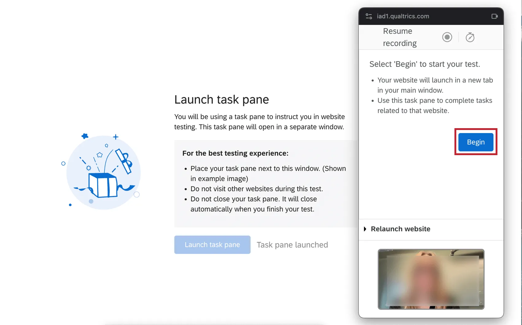 Begin button in the task window of the unmoderated user testing session