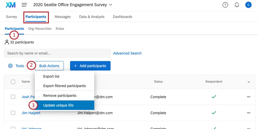 in the participants tab, clicking bulk actions and then update unique ids