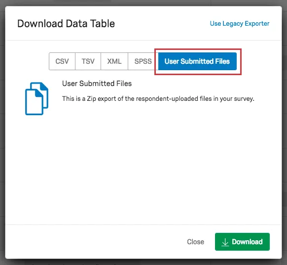 Option Fichiers téléchargés par lutilisateur du menu Télécharger le tableau de données