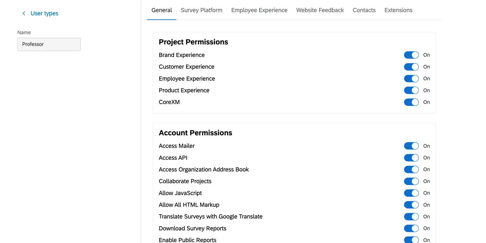 Shows the user type permissions that can be enabled or disabled.