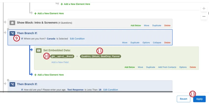 Branch with a condition created, then an embedded data element with the optimizer field